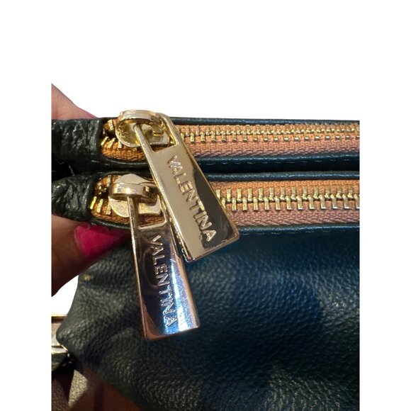 Valentina Italy Leather Shoulder Bag Green Tan Strap Gold Logo Zip Purse - Picture 5 of 16